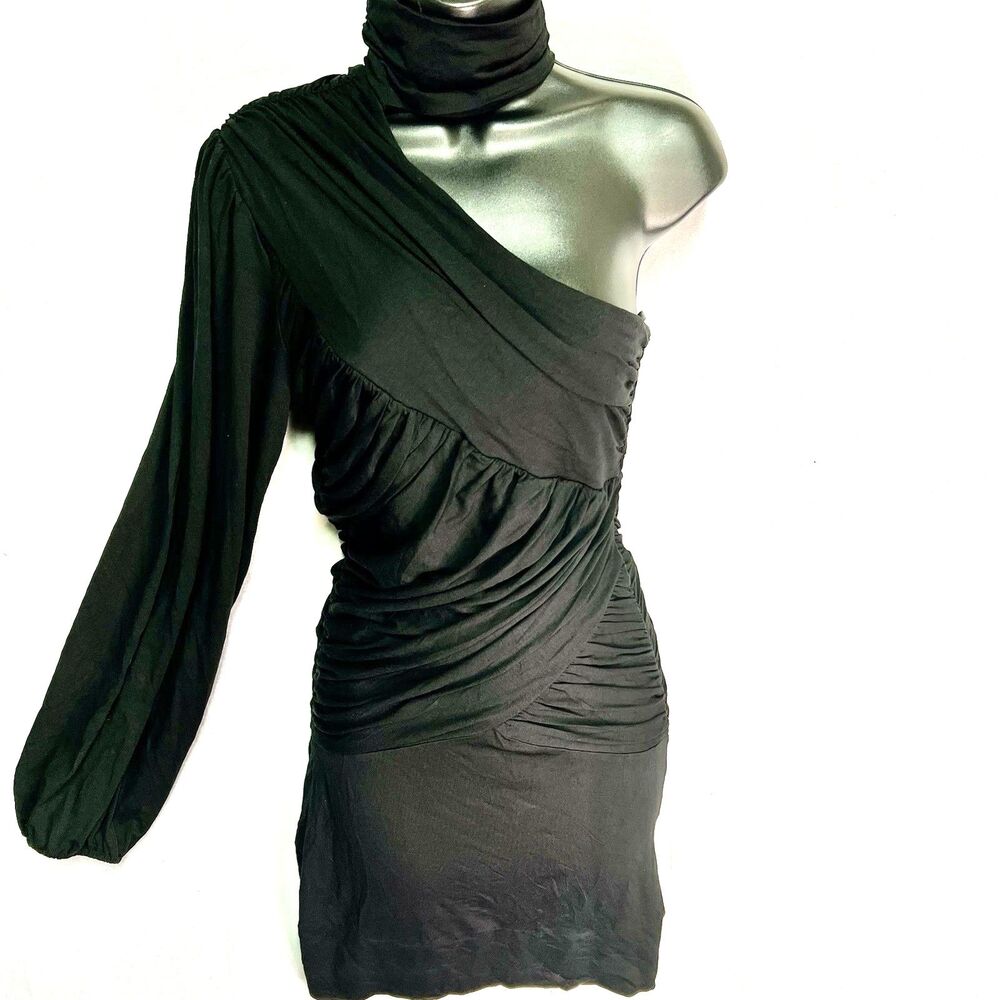 Bebe NWT Black One Shoulder Choker Dress Ruched Bodycon Tunic Sml Going Out Y2K
